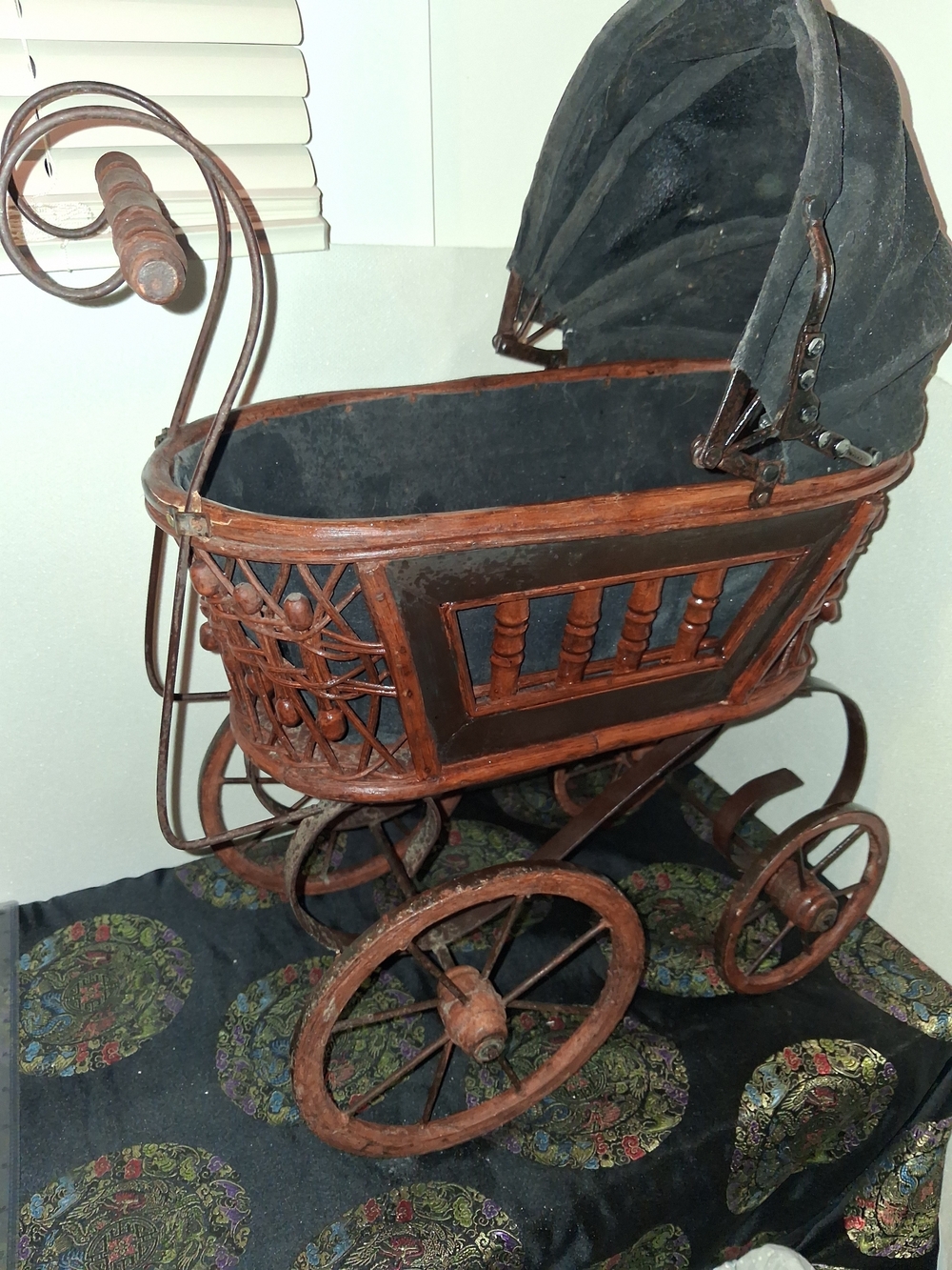 Victorian Antique Style Wooden Doll Pram in Black and Brown